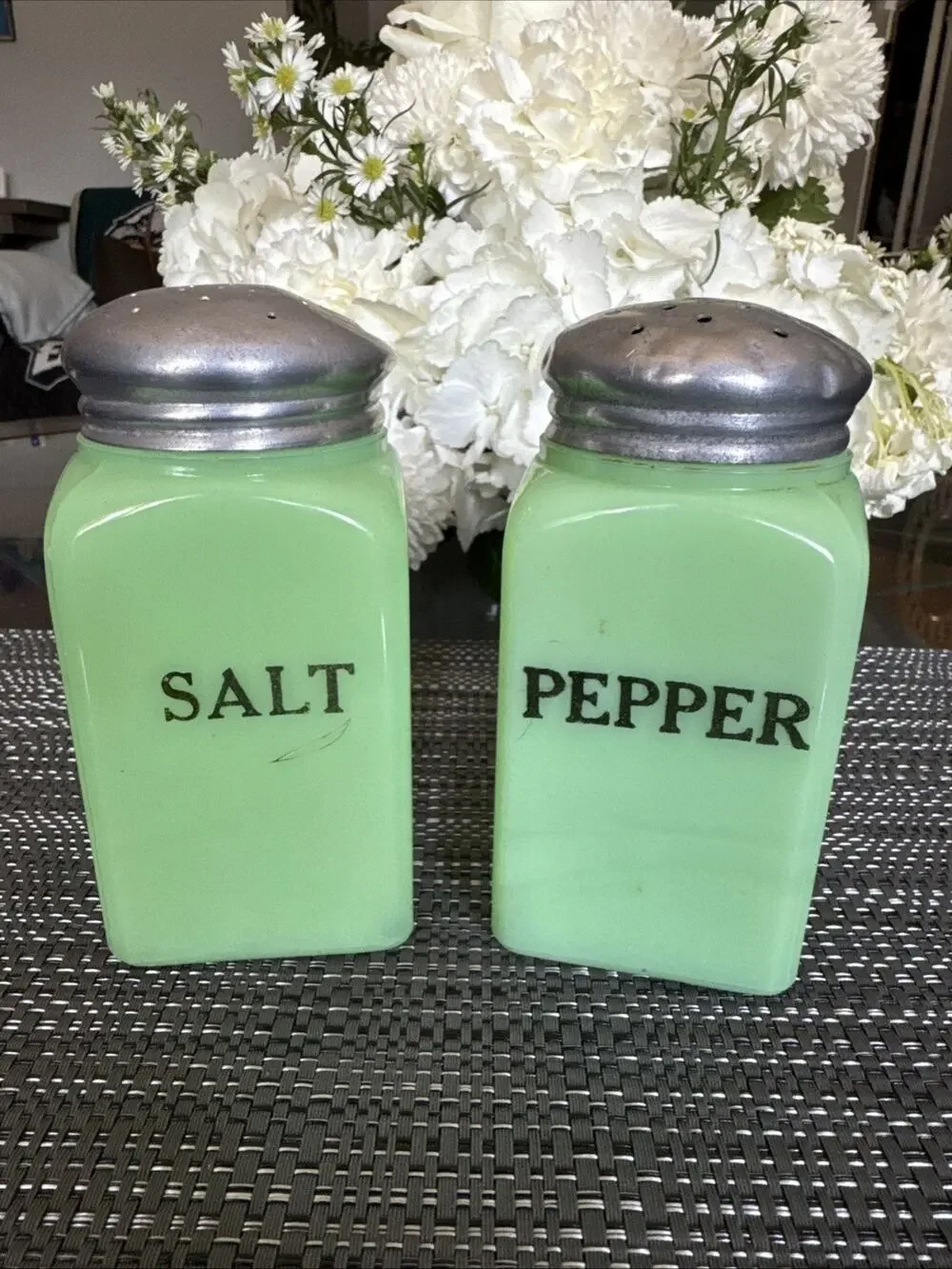 Jadeite Salt and Pepper Shakers Green Art Deco Glass